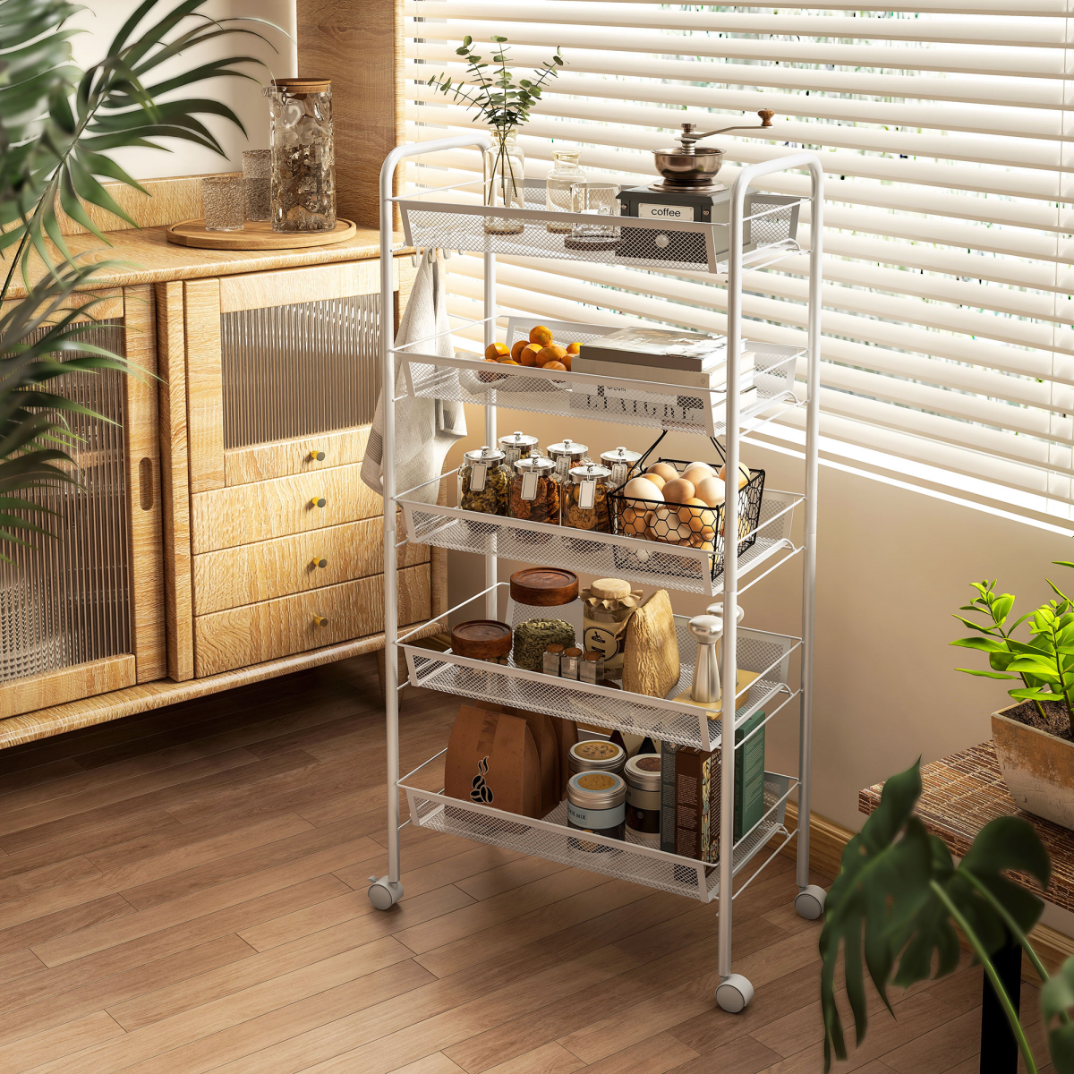 HOMCOM 5 Tier Utility Rolling Cart with Removable Mesh Baskets