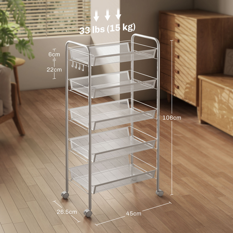 HOMCOM 5 Tier Utility Rolling Cart with Removable Mesh Baskets