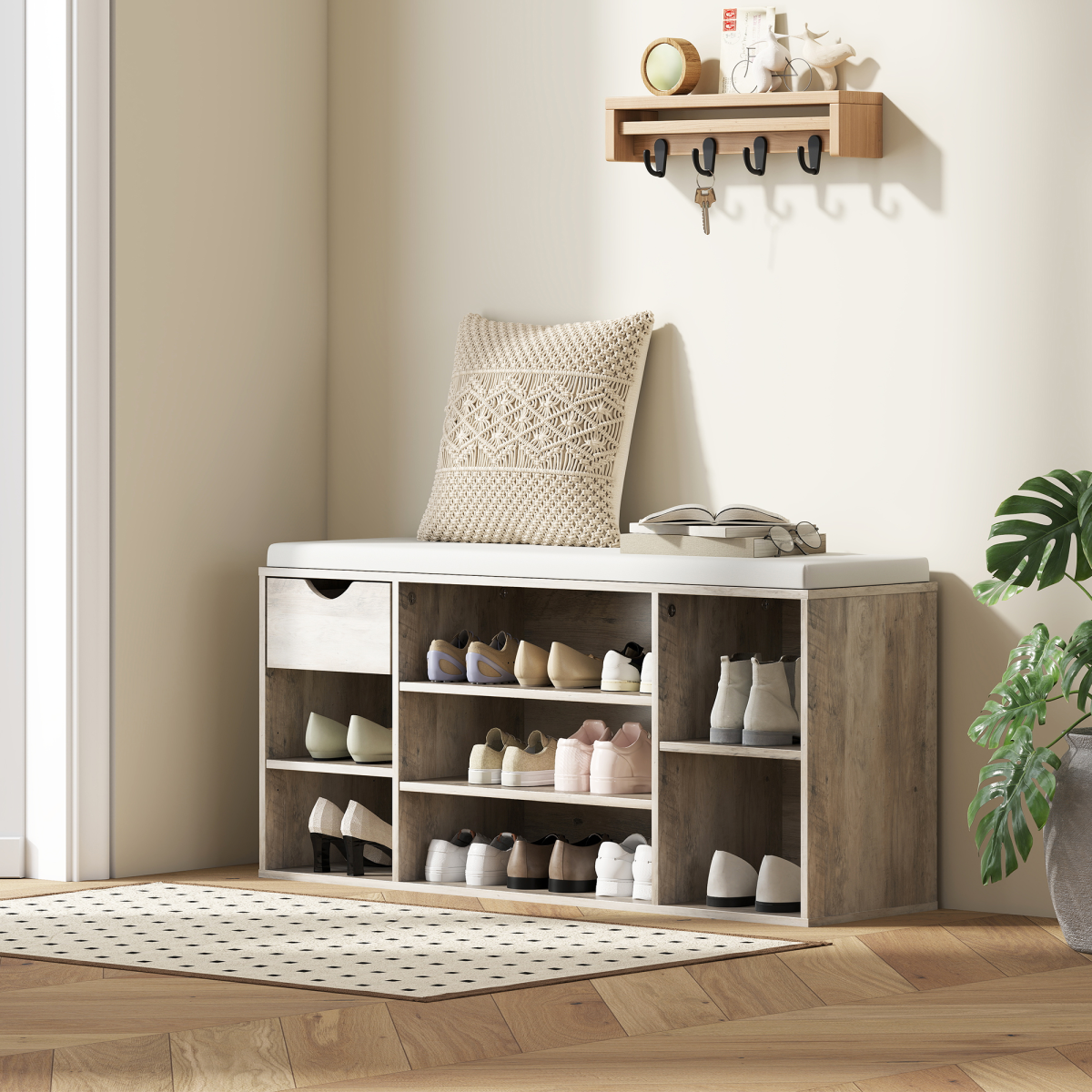HOMCOM Shoe Storage Cabinet Bench w/ Cushion Adjustable Shelves