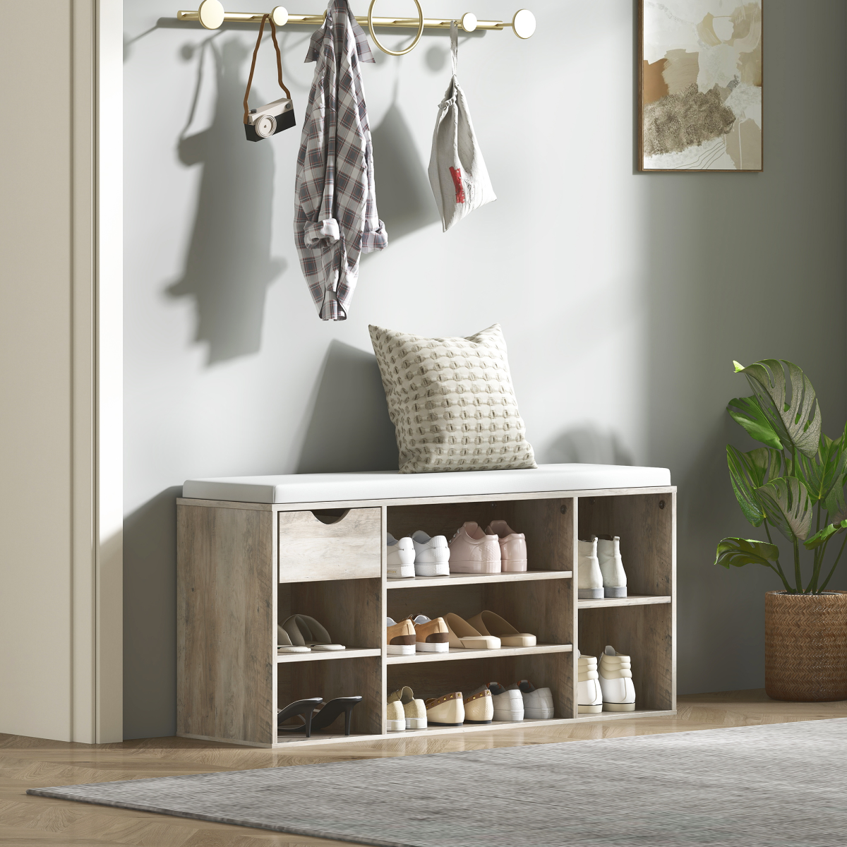 HOMCOM Shoe Storage Cabinet Bench w/ Cushion Adjustable Shelves