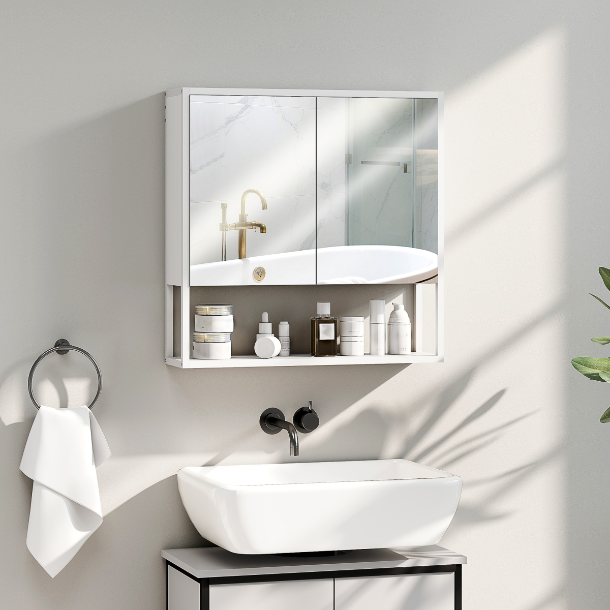 HOMCOM Industrial Bathroom Cabinet with 2 Mirrored Doors Open Shelf