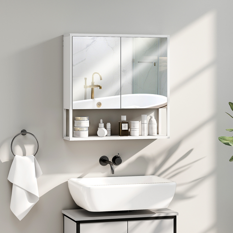 HOMCOM Industrial Bathroom Cabinet with 2 Mirrored Doors Open Shelf