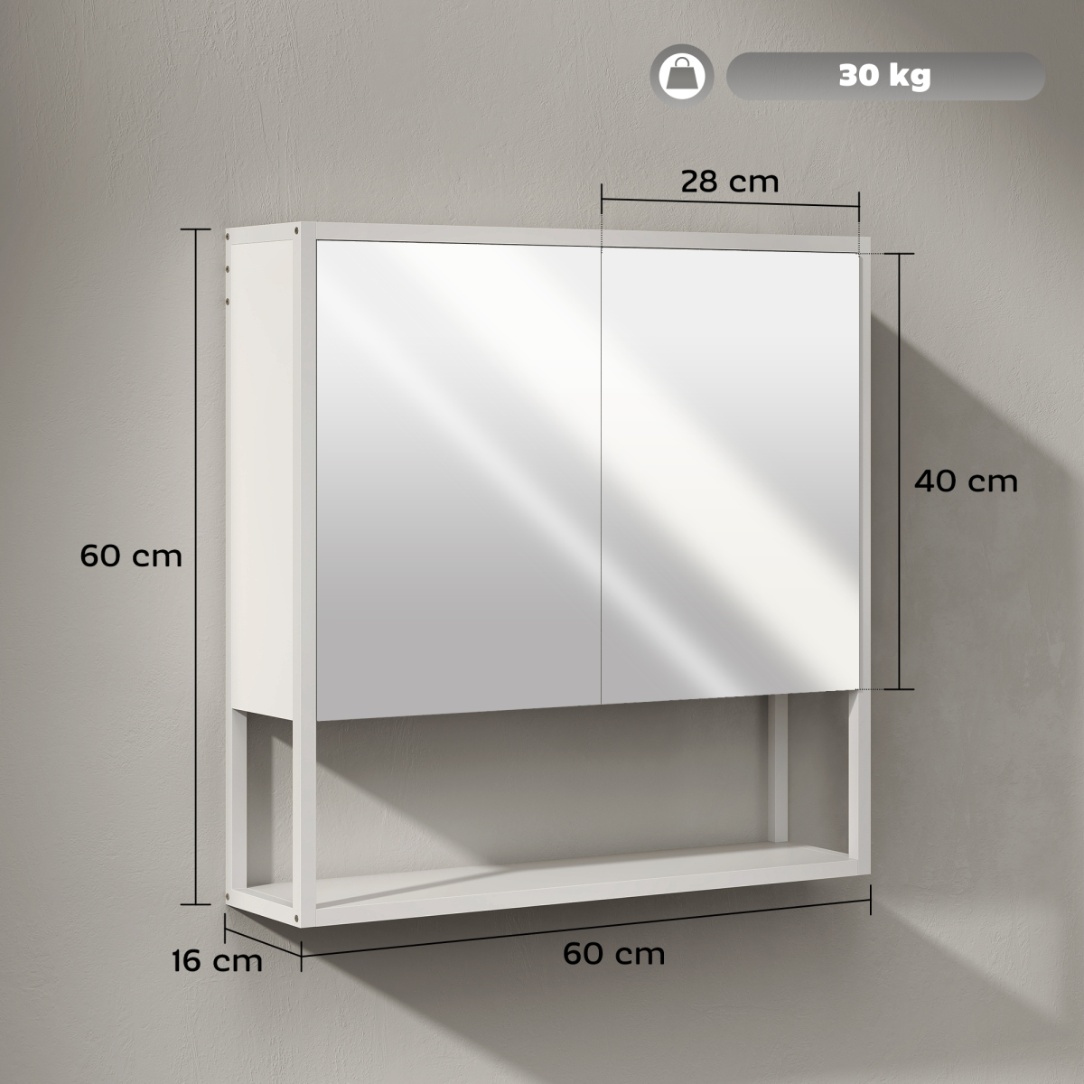 HOMCOM Industrial Bathroom Cabinet with 2 Mirrored Doors Open Shelf