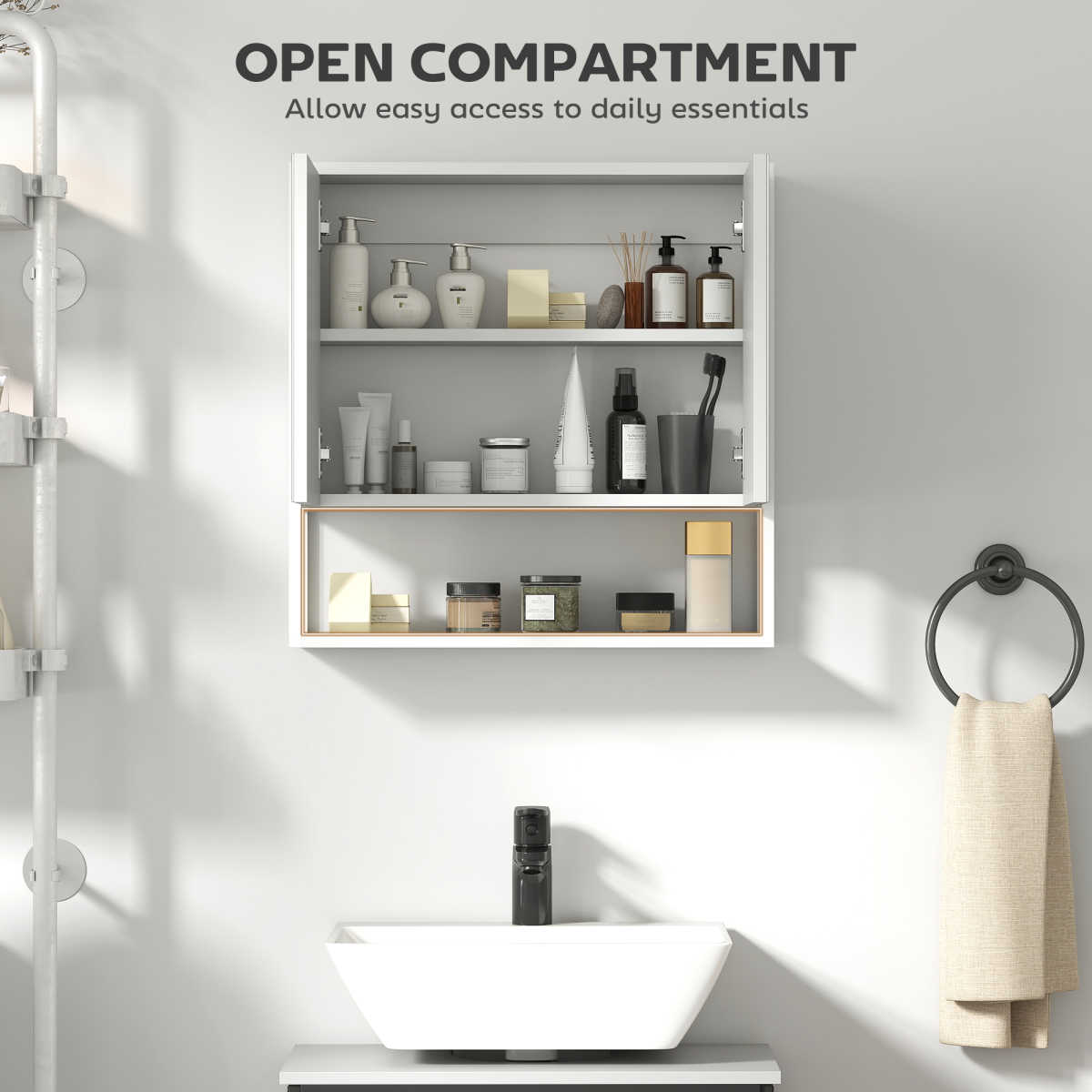 HOMCOM Industrial Bathroom Cabinet with 2 Mirrored Doors Open Shelf