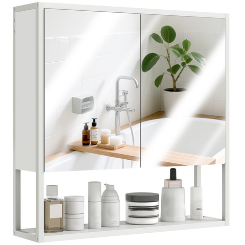 HOMCOM Industrial Bathroom Cabinet with 2 Mirrored Doors Open Shelf