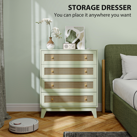 HOMCOM Chest of Drawers, 4 Drawer Unit Storage Organiser with Rattan Element