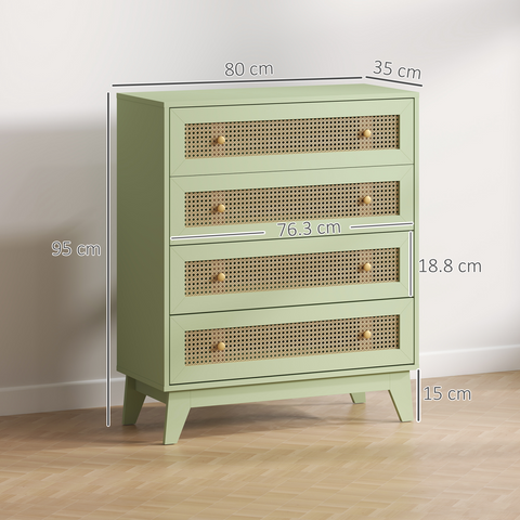 HOMCOM Chest of Drawers, 4 Drawer Unit Storage Organiser with Rattan Element