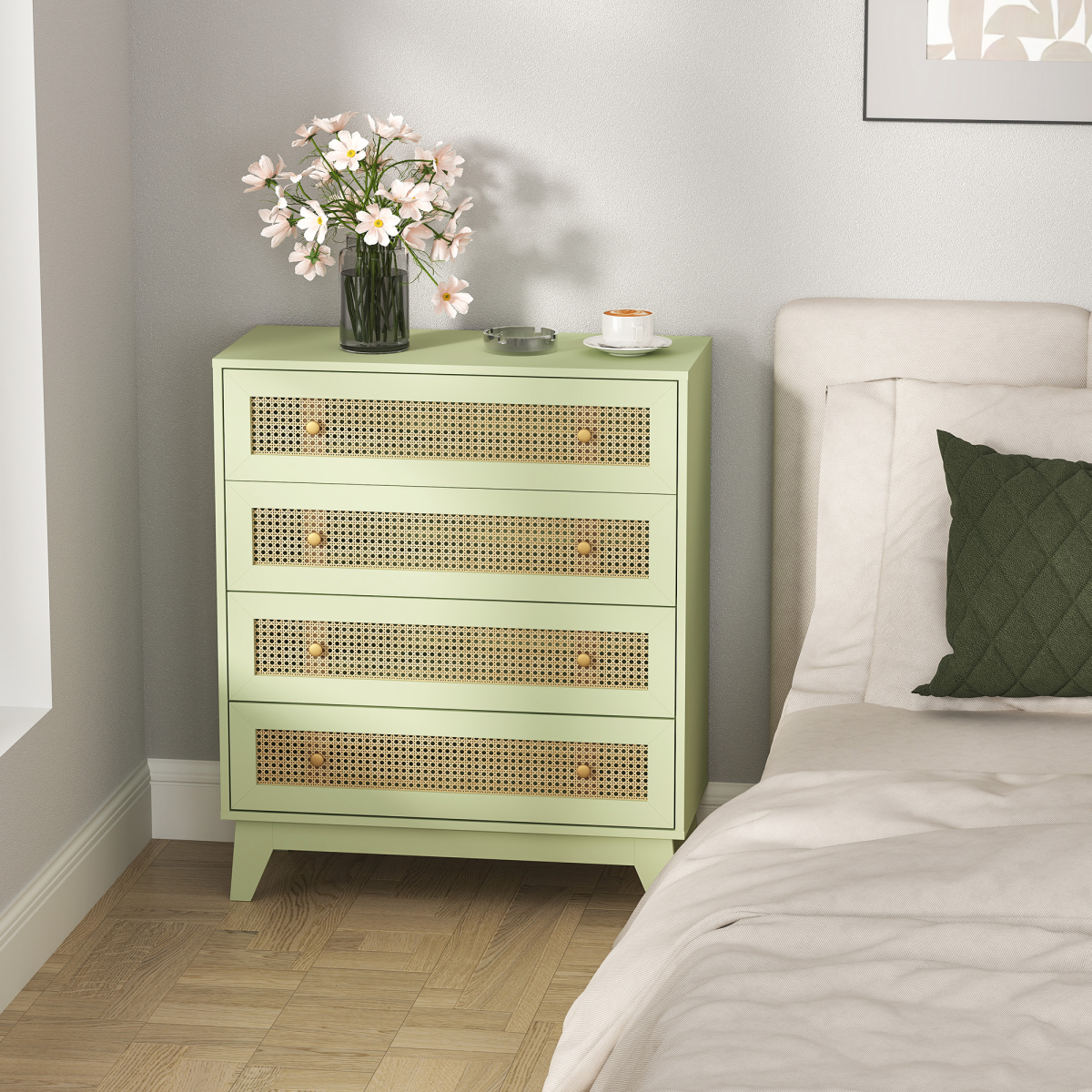 HOMCOM Chest of Drawers, 4 Drawer Unit Storage Organiser with Rattan Element
