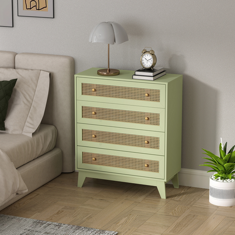 HOMCOM Chest of Drawers, 4 Drawer Unit Storage Organiser with Rattan Element