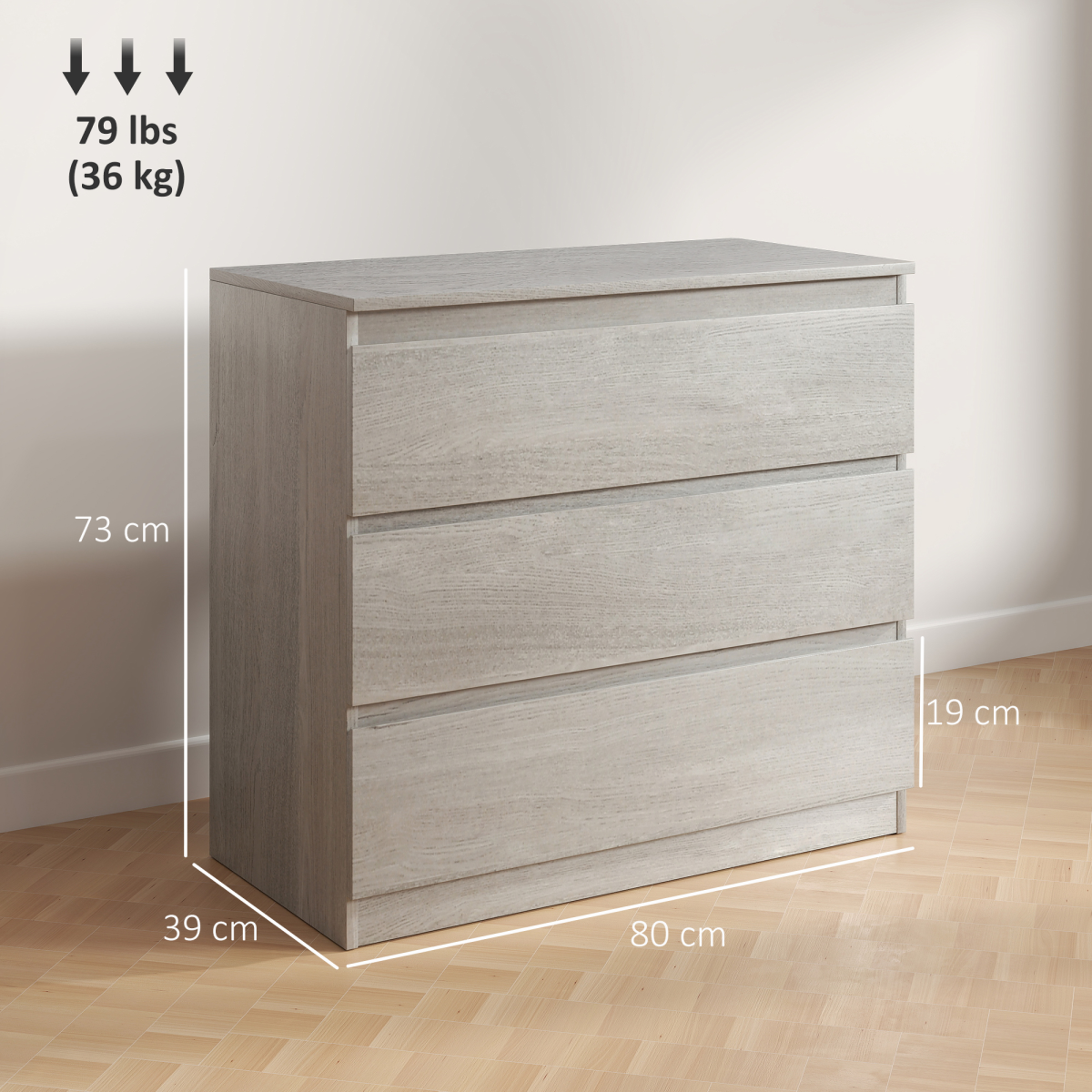 HOMCOM Chest of Drawers, 3 Drawer Storage Cabinet Unit for Bedroom