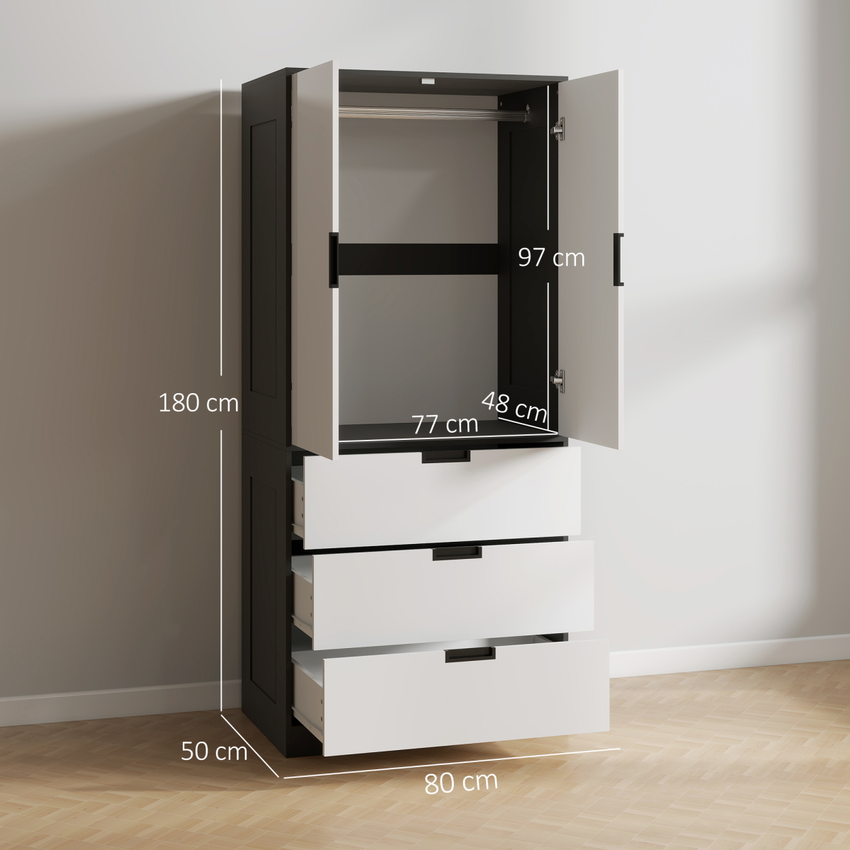 HOMCOM 2 Door Wardrobe White Wardrobe with 3 Drawer and Hanging Rod for Bedroom