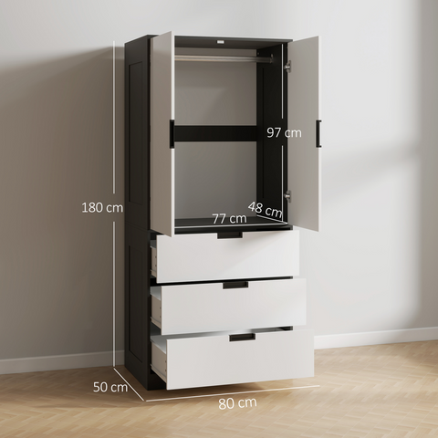HOMCOM 2 Door Wardrobe White Wardrobe with 3 Drawer and Hanging Rod for Bedroom