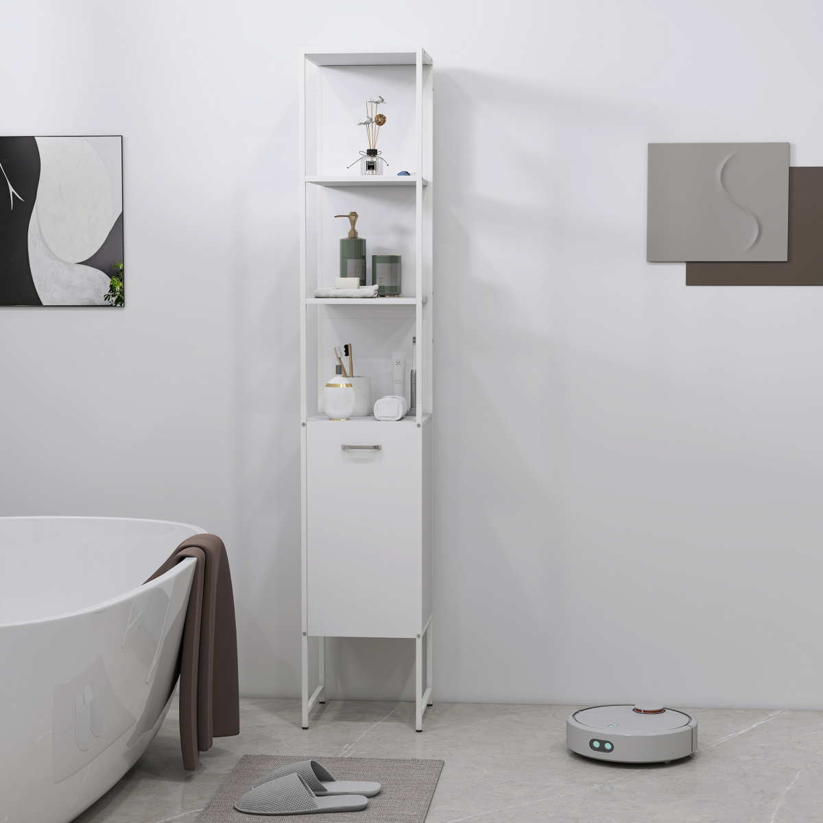 HOMCOM Tall Bathroom Cabinet with 3 Open Shelves Adjustable Shelf