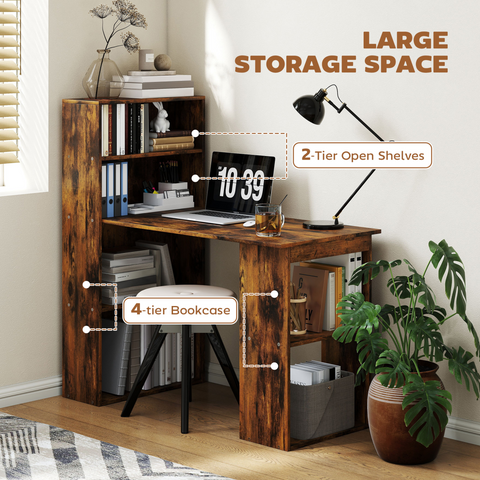 HOMCOM 120cm Computer Desk Bookshelf Writing Table 6 Shelves Brown