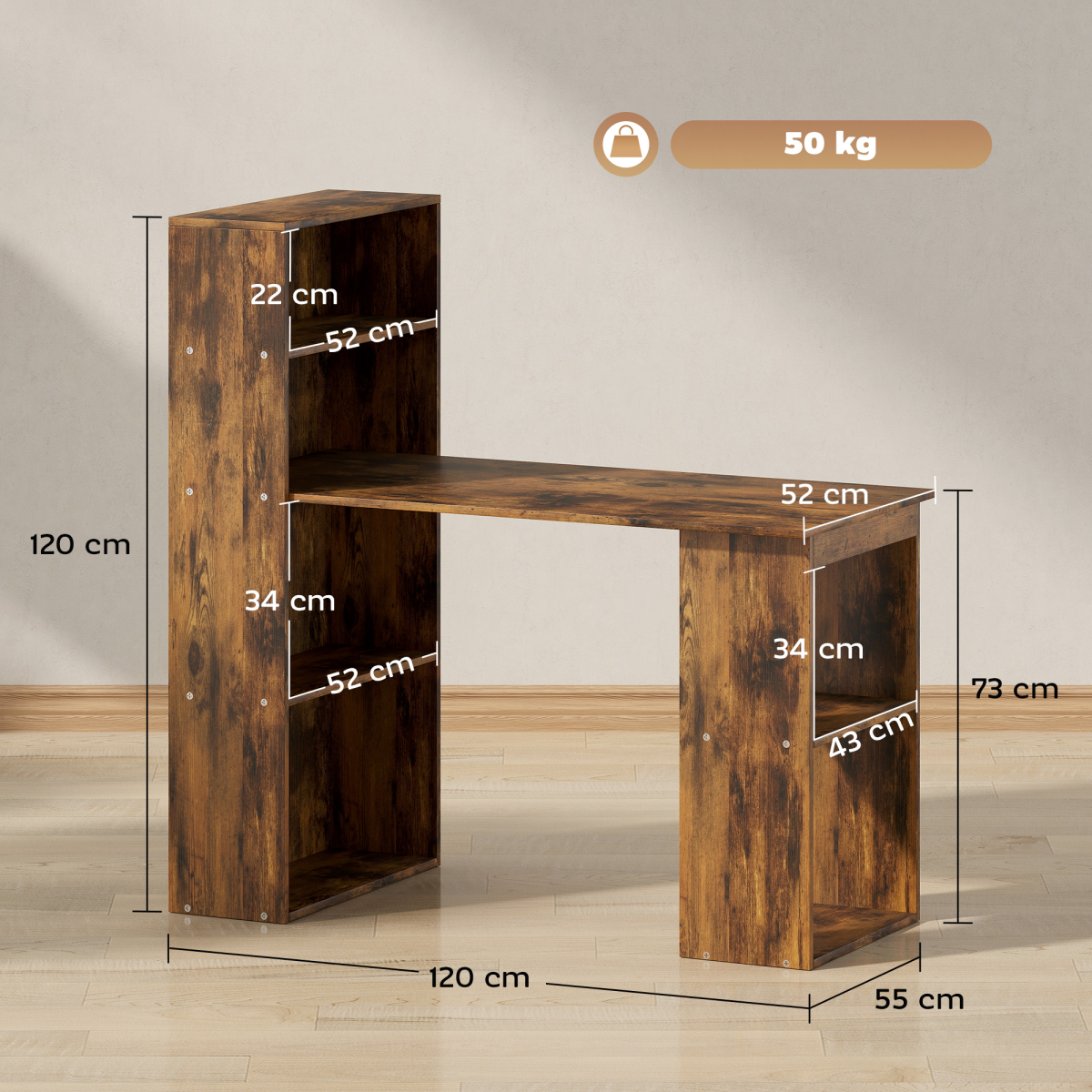 HOMCOM 120cm Computer Desk Bookshelf Writing Table 6 Shelves Brown