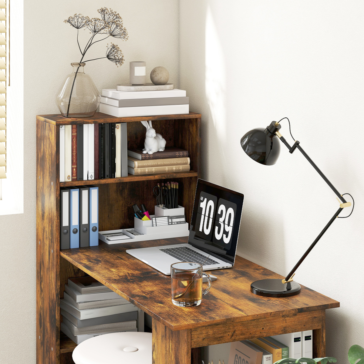 HOMCOM 120cm Computer Desk Bookshelf Writing Table 6 Shelves Brown