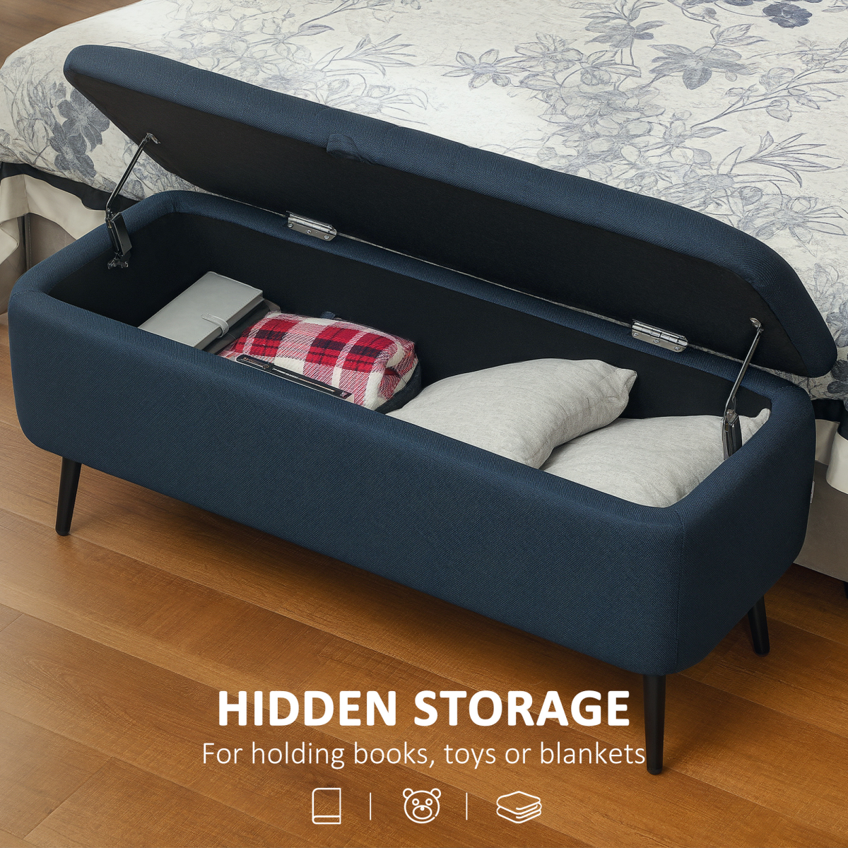 HOMCOM Storage Ottoman Bench, Linen Fabric Footstool with Steel Legs Blue