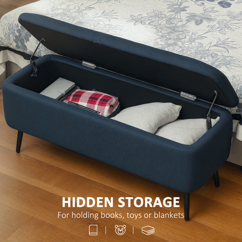 HOMCOM Storage Ottoman Bench, Linen Fabric Footstool with Steel Legs Blue