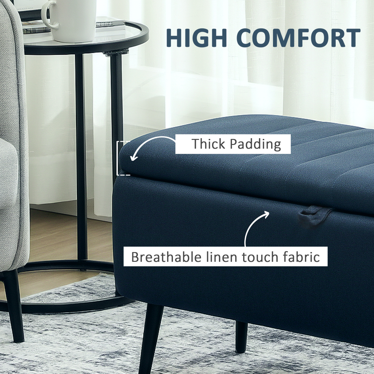 HOMCOM Storage Ottoman Bench, Linen Fabric Footstool with Steel Legs Blue