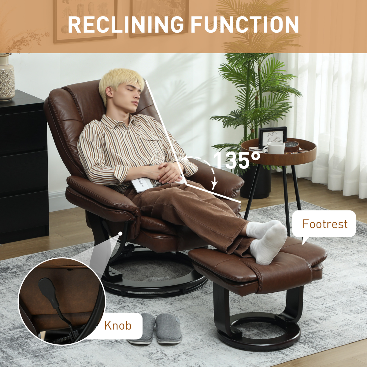 HOMCOM Swivel Manual Recliner and Footrest Set PU Leather Chair Brown