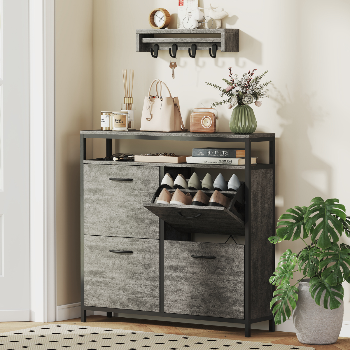 HOMCOM Shoe Cabinet with 4 Flip Drawers, Holds 12-20 Pairs, Cement Grey