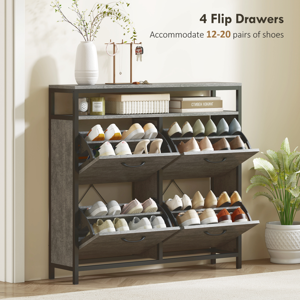 HOMCOM Shoe Cabinet with 4 Flip Drawers, Holds 12-20 Pairs, Cement Grey