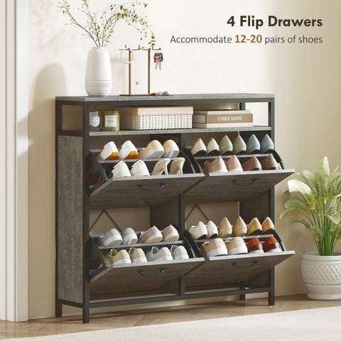 HOMCOM Shoe Cabinet with 4 Flip Drawers, Holds 12-20 Pairs, Cement Grey