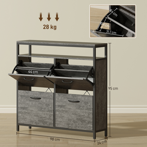 HOMCOM Shoe Cabinet with 4 Flip Drawers, Holds 12-20 Pairs, Cement Grey