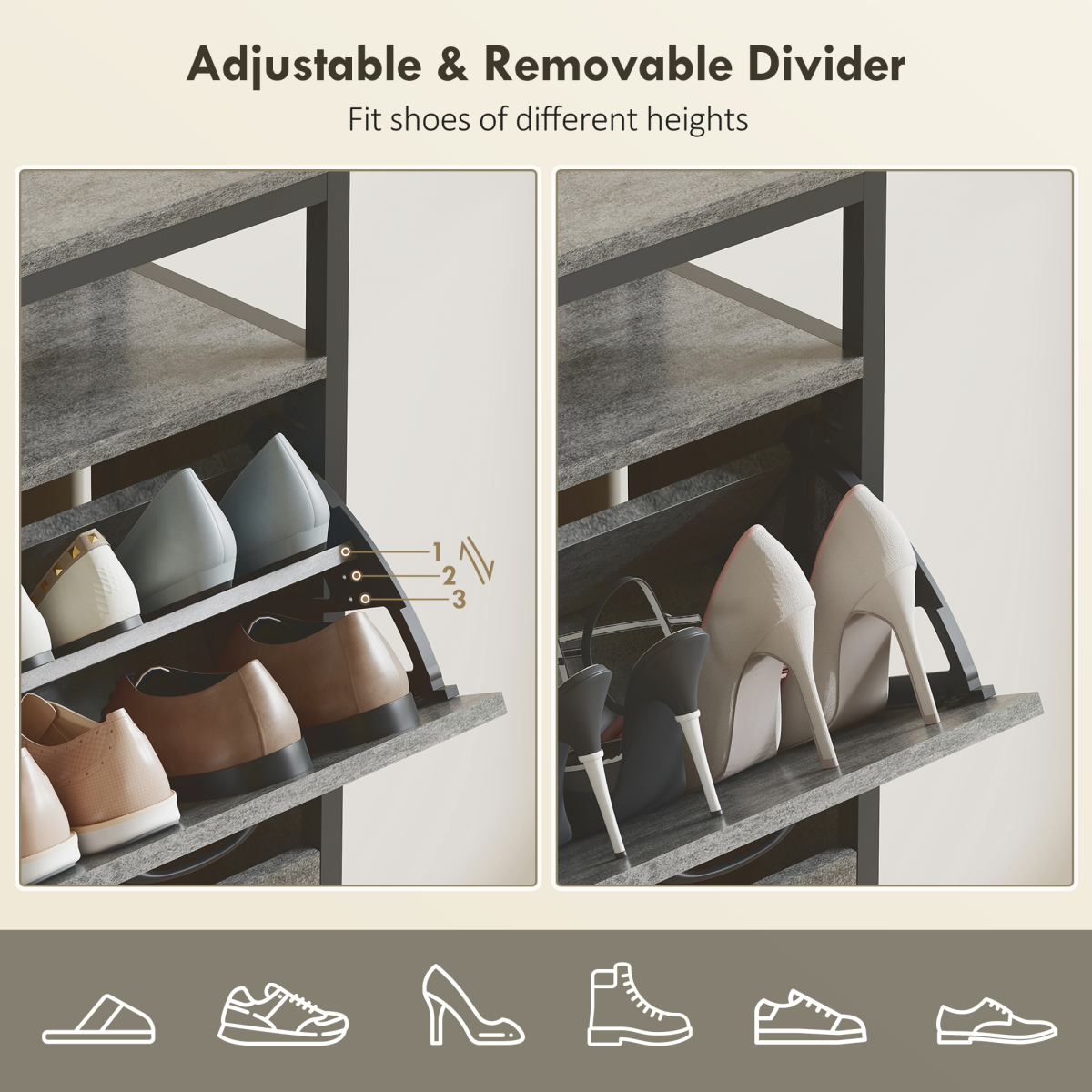 HOMCOM Shoe Cabinet with 4 Flip Drawers, Holds 12-20 Pairs, Cement Grey
