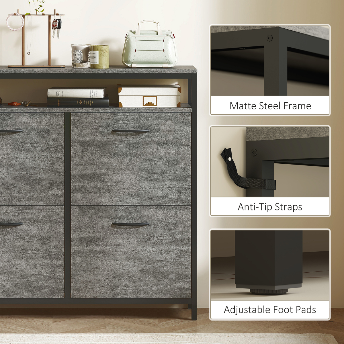 HOMCOM Shoe Cabinet with 4 Flip Drawers, Holds 12-20 Pairs, Cement Grey