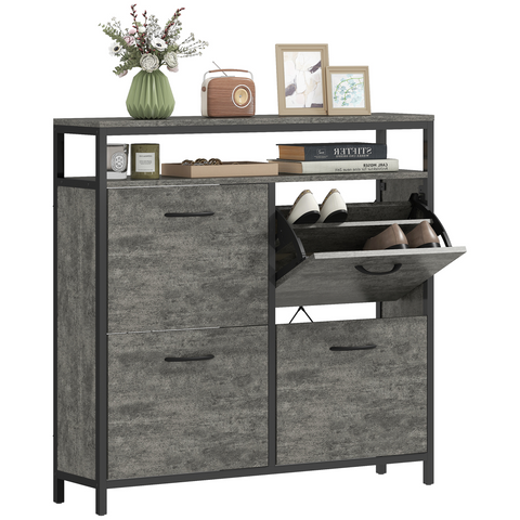 HOMCOM Shoe Cabinet with 4 Flip Drawers, Holds 12-20 Pairs, Cement Grey