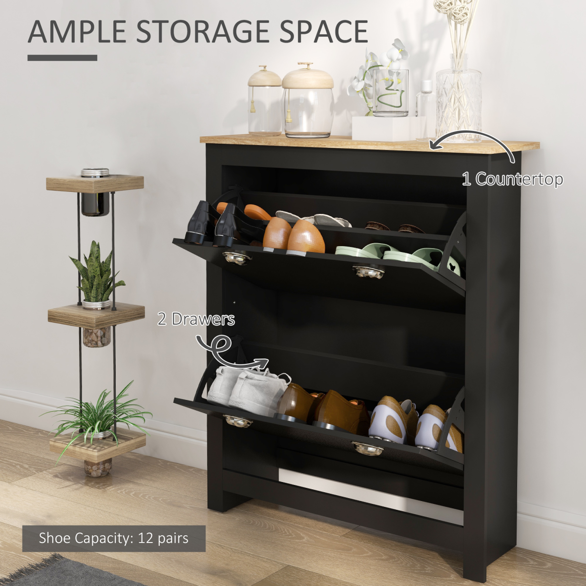 HOMCOM 2 Drawer Shoe Cabinet Narrow Shoe Cupboard with Flip Doors, Black