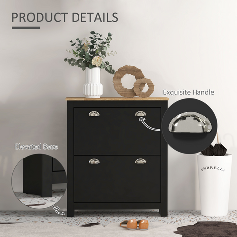 HOMCOM 2 Drawer Shoe Cabinet Narrow Shoe Cupboard with Flip Doors, Black