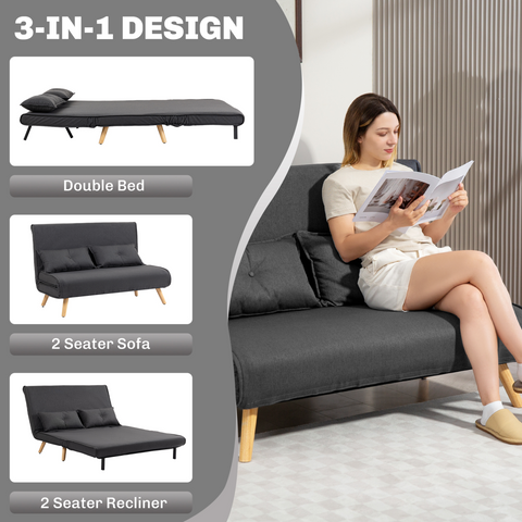 HOMCOM Click Clack Sofa Bed, 2 Seater Bed Settee for Living Room, Grey