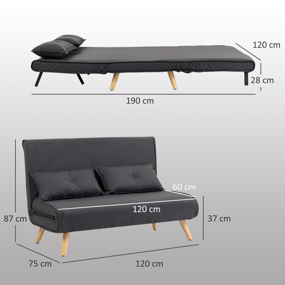 HOMCOM Click Clack Sofa Bed, 2 Seater Bed Settee for Living Room, Grey