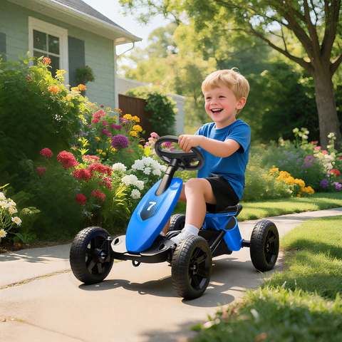 AIYAPLAY Pedal Go-Kart for Kids with Silent EVA Wheels, Metal Frame, Blue