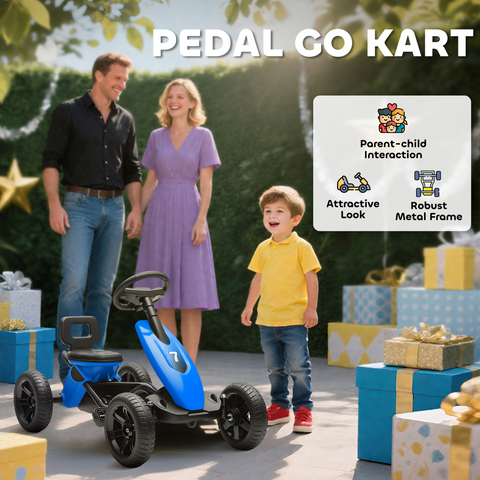 AIYAPLAY Pedal Go-Kart for Kids with Silent EVA Wheels, Metal Frame, Blue