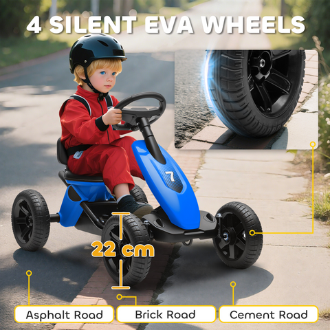 AIYAPLAY Pedal Go-Kart for Kids with Silent EVA Wheels, Metal Frame, Blue