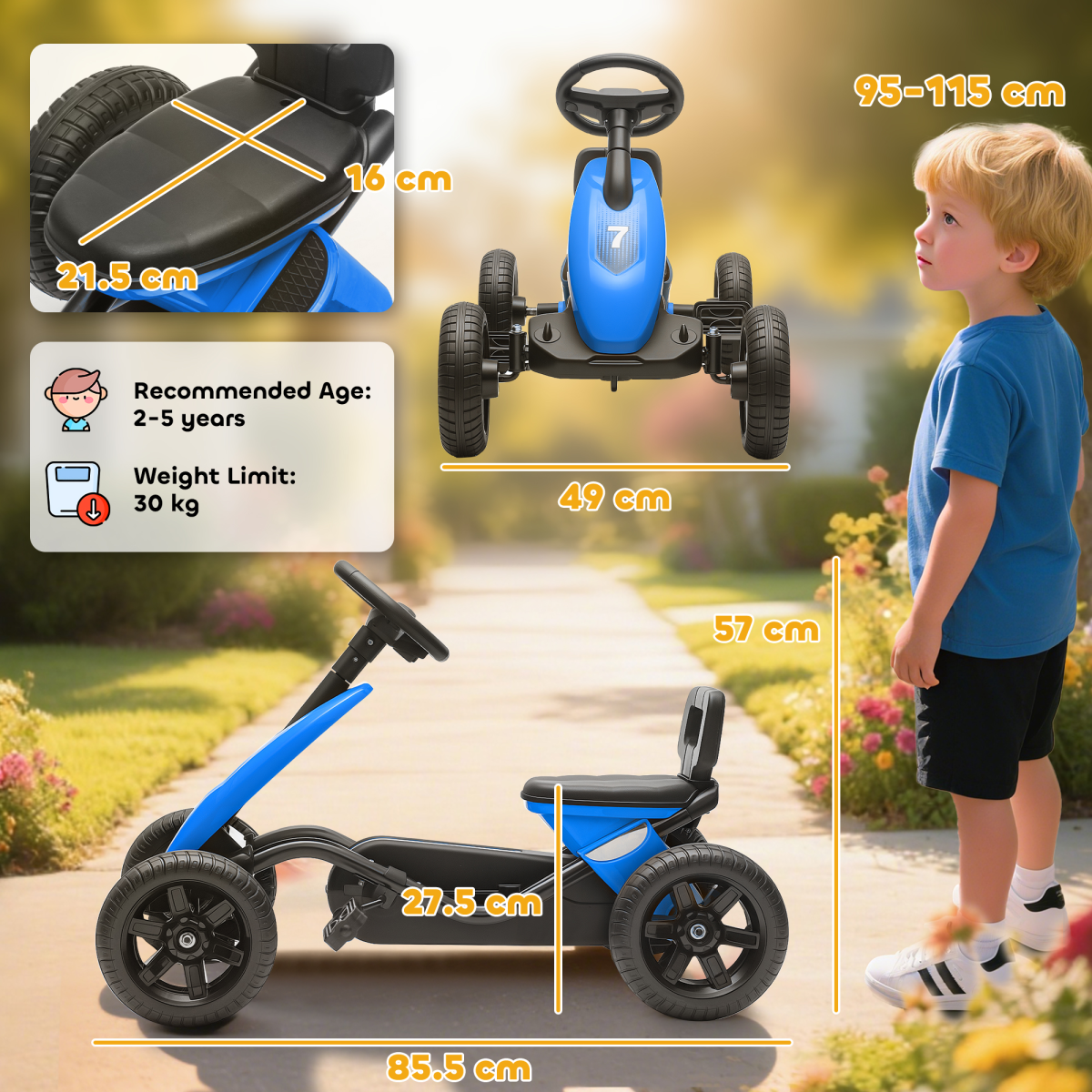 AIYAPLAY Pedal Go-Kart for Kids with Silent EVA Wheels, Metal Frame, Blue