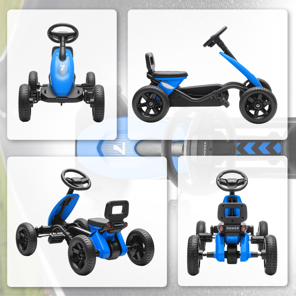 AIYAPLAY Pedal Go-Kart for Kids with Silent EVA Wheels, Metal Frame, Blue