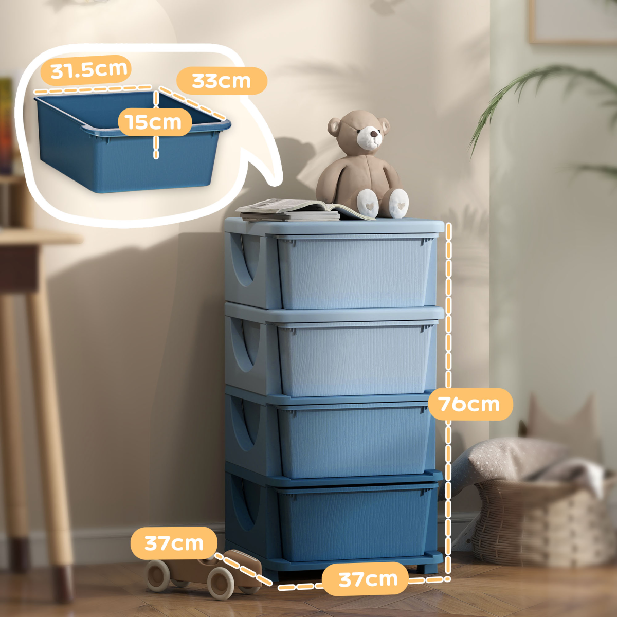 HOMCOM Kids Storage Units with Drawers 3 or 4 Tier Chest Dresser Tower Blue