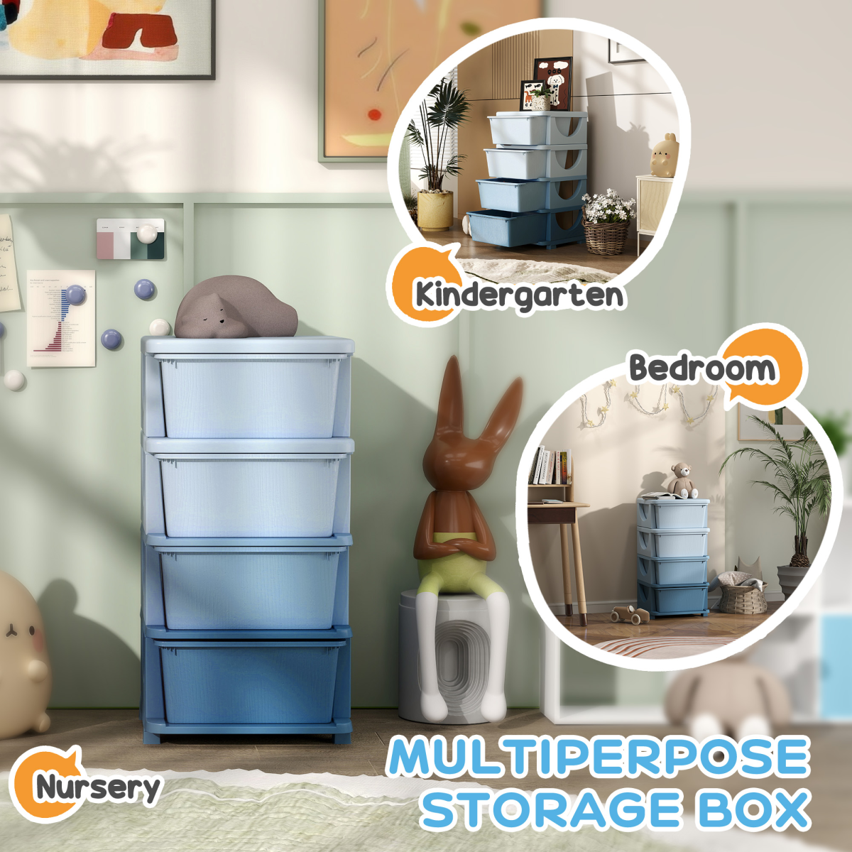 HOMCOM Kids Storage Units with Drawers 3 or 4 Tier Chest Dresser Tower Blue
