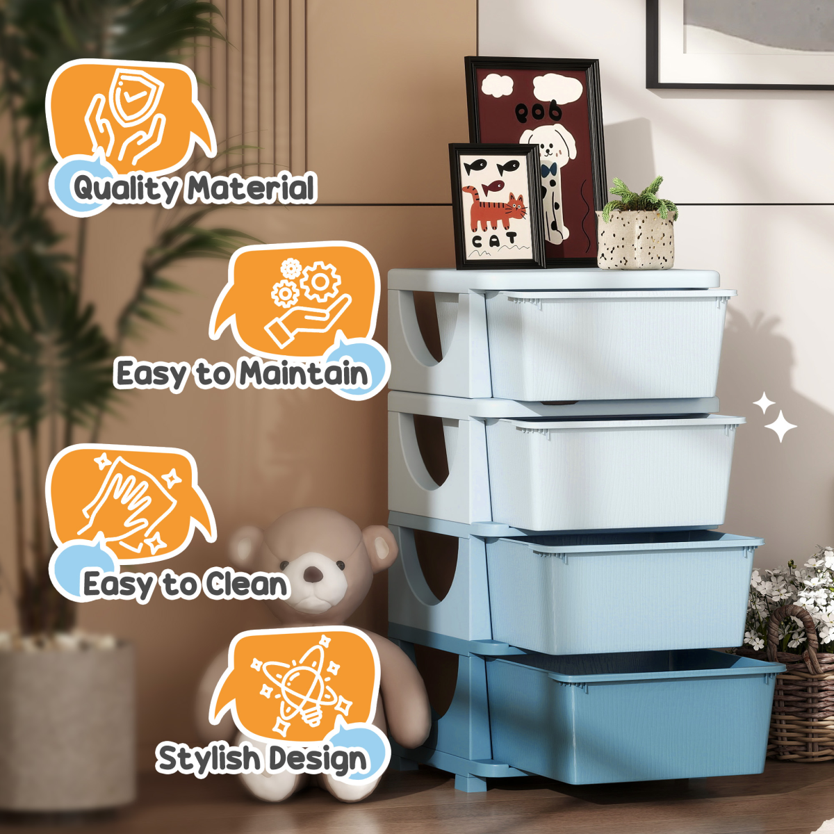 HOMCOM Kids Storage Units with Drawers 3 or 4 Tier Chest Dresser Tower Blue