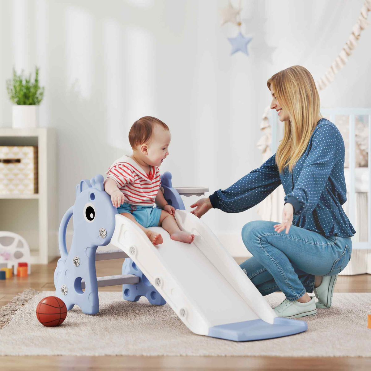 AIYAPLAY 3 in 1 Kids Slide with Climber, Basketball Hoop and Ball, Blue