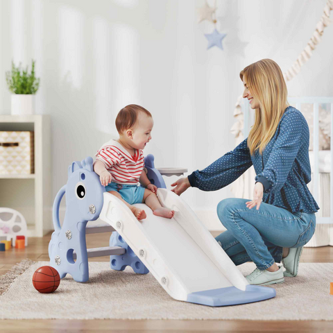 AIYAPLAY 3 in 1 Kids Slide with Climber, Basketball Hoop and Ball, Blue