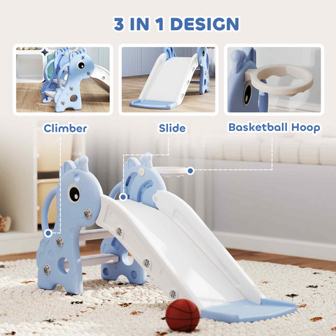 AIYAPLAY 3 in 1 Kids Slide with Climber, Basketball Hoop and Ball, Blue