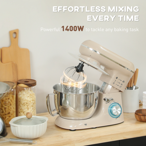 HOMCOM Electric Stand Mixer, 4.5L Food Mixer with Dough Hook, Whisk, Beige