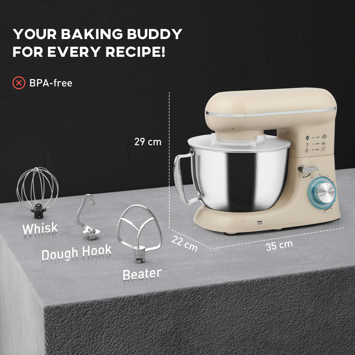 HOMCOM Electric Stand Mixer, 4.5L Food Mixer with Dough Hook, Whisk, Beige