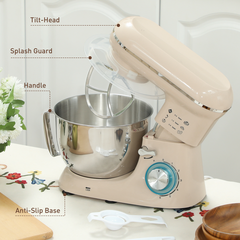 HOMCOM Electric Stand Mixer, 4.5L Food Mixer with Dough Hook, Whisk, Beige