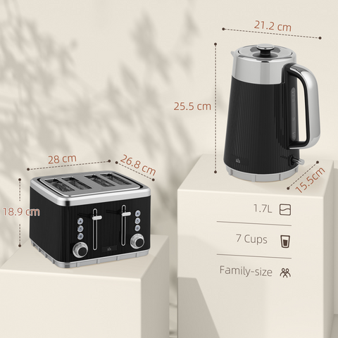 HOMCOM 1.7L 3000W Rapid Boil Kettle and 4 Slice Toaster Set Crumb Tray Black